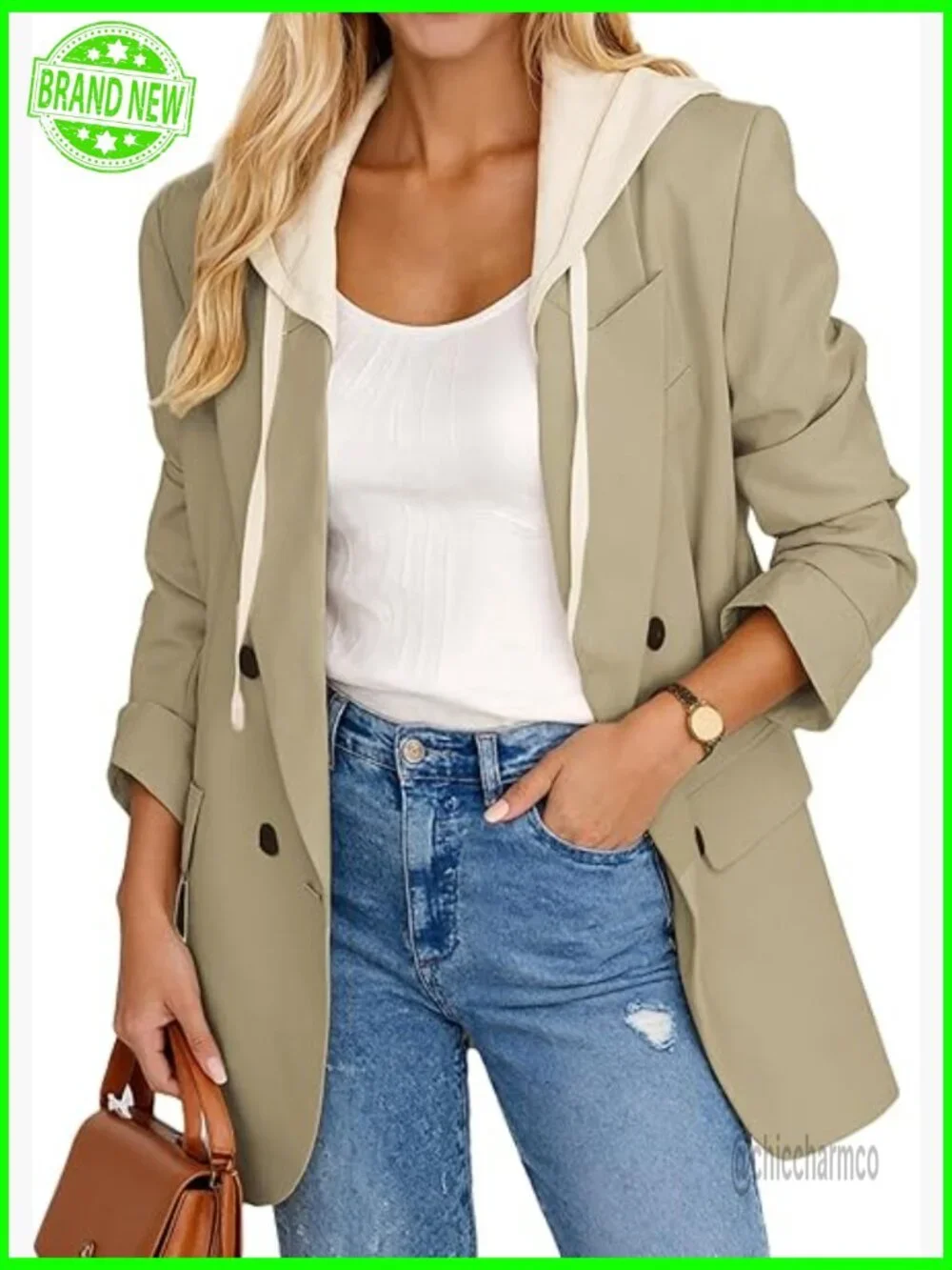 Hooded Blazer Jacket Women Oversized Long Double-Breasted Casual Full-Lined
